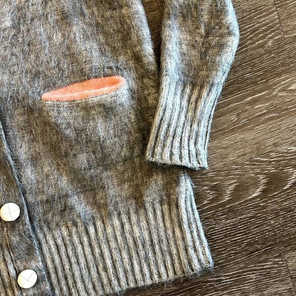 Vintage SONIA RYKIEL Gray Mohair Wool Cardigan Sweater Pink Trim Buttons Small - Picture 3 of 13